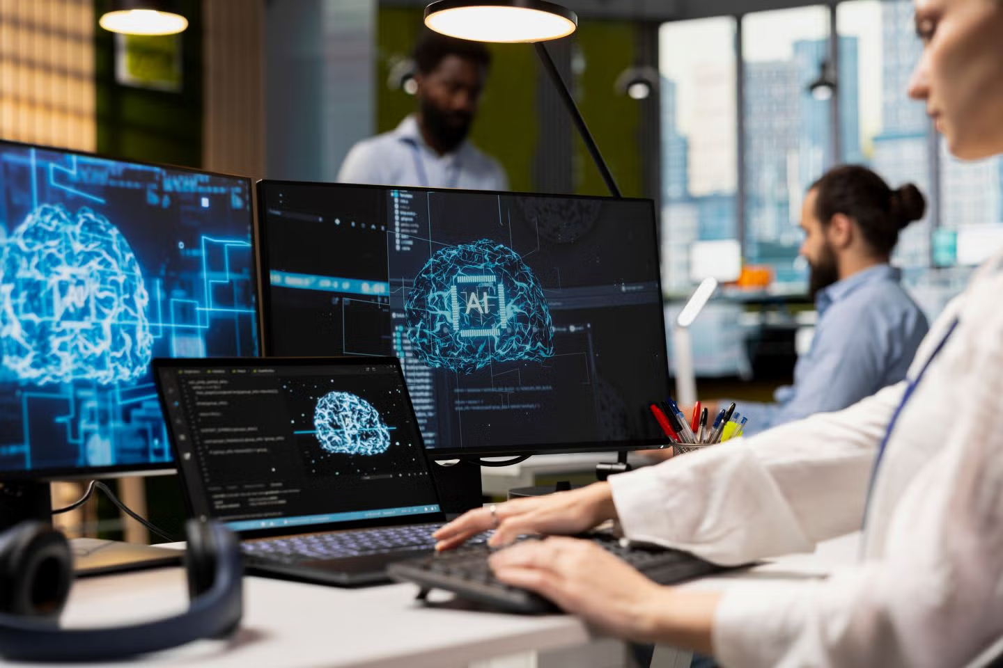 Researchers in a modern lab work at a desk with multiple screens displaying blue holographic brain graphics.
