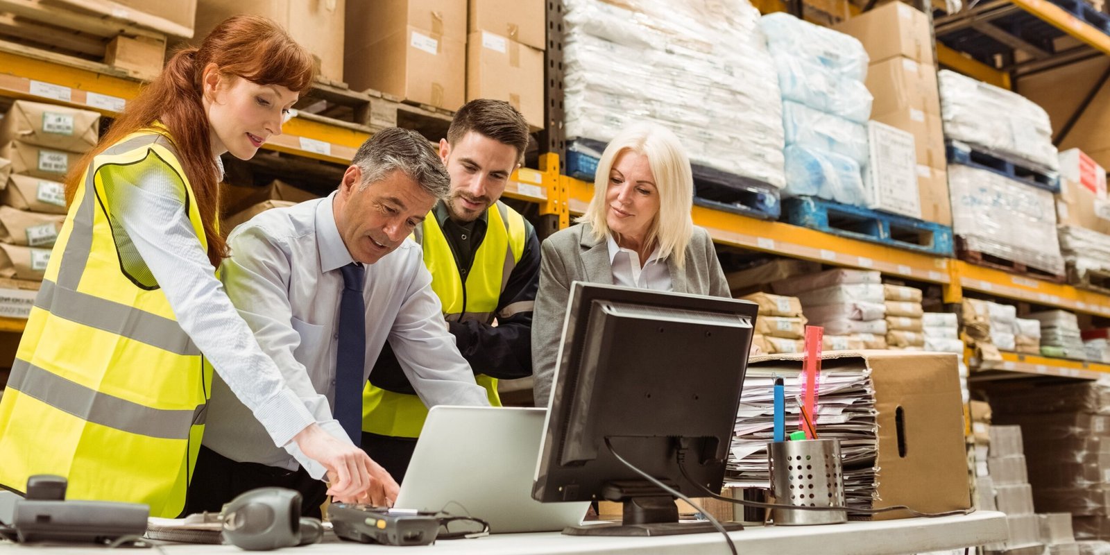 Four professionals in high-visibility vests review inventory at a desk with laptops in a busy warehouse setting