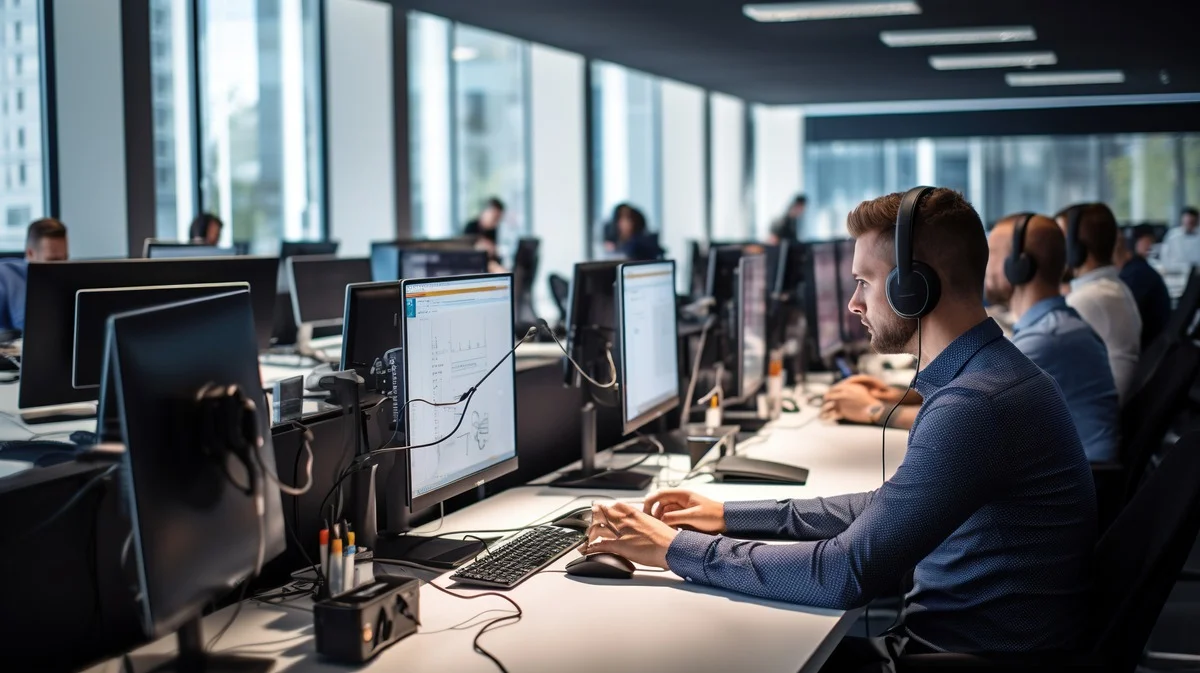 Open-plan office with employees at desks wearing headsets and working on computer screens, bright natural light coming through large windows.”] ,