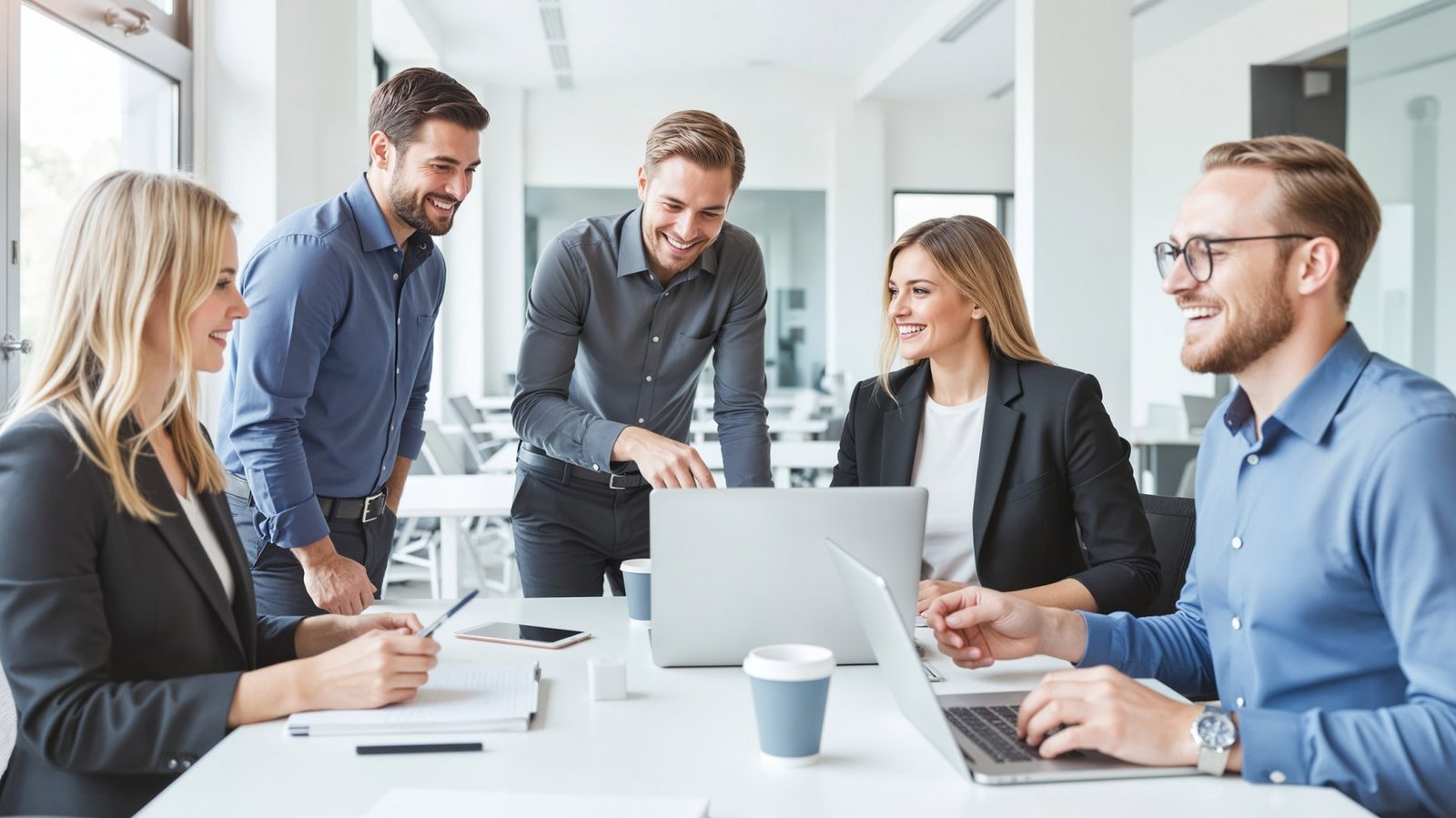 Five professionals gathered around a bright office table, collaborating with laptops and documents.
