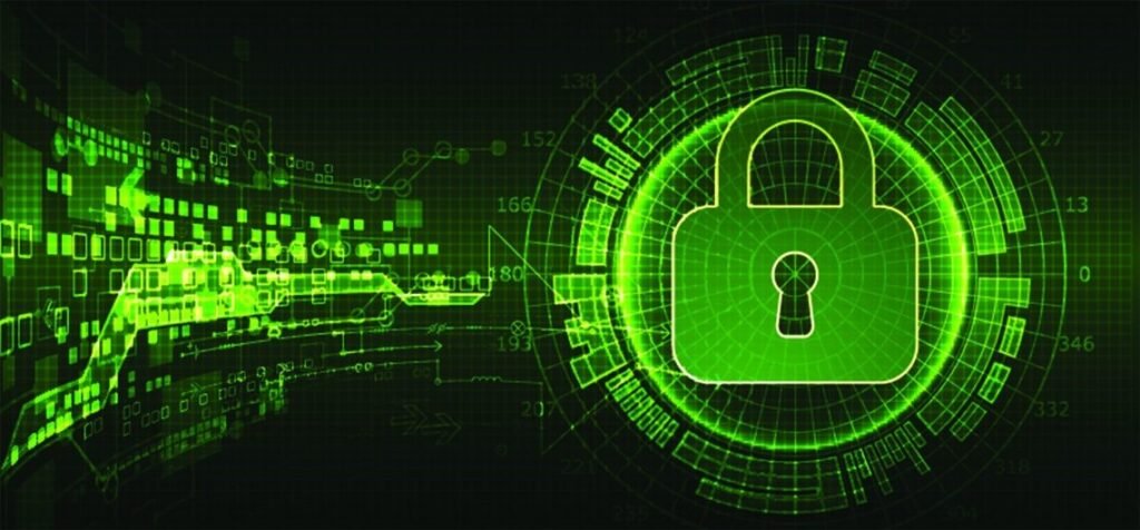 Green digital lock emblem surrounded by a tech, circular security interface—symbolizing cybersecurity and data protection.