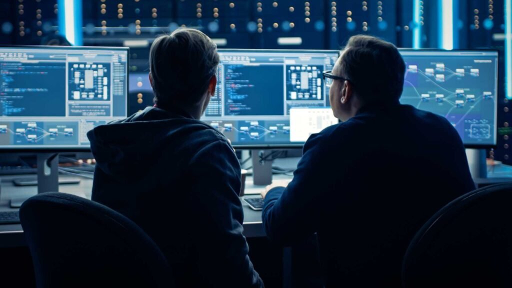 Two technicians monitor multiple screens showing network diagrams in a dimly lit data center windowless with blue lighting.