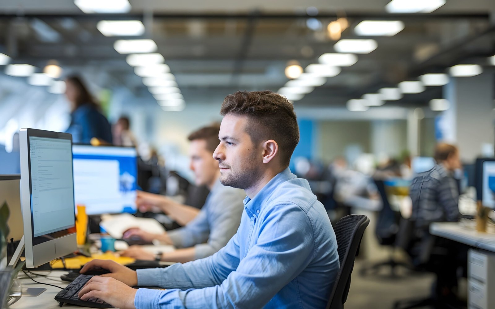 Man in a blue shirt typing at a computer in a bright open-plan office with coworkers in the background.